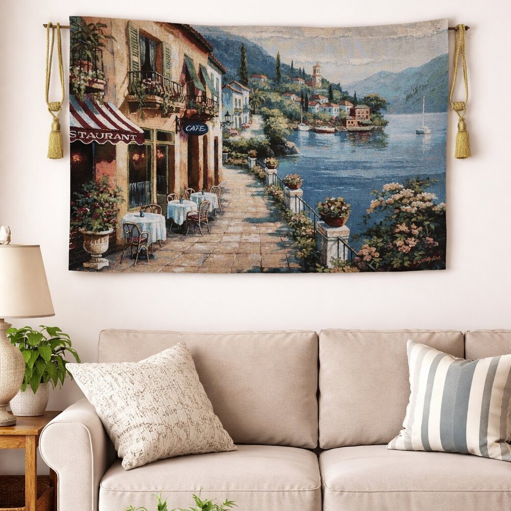 European Lakeside Cafe Tapestry Wall Hanging Woven Textile Art 54" x 38"